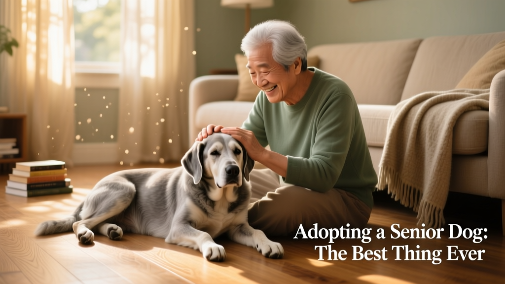 A gentle senior dog resting peacefully beside their human companion on a sunlit living room floor