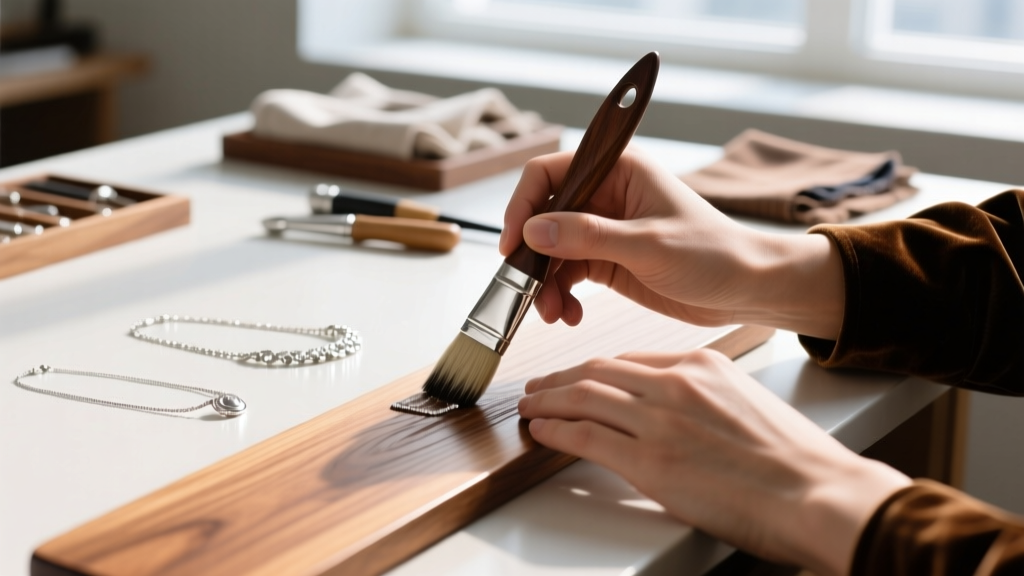 Hands applying anti-tarnish velvet to wood, with silver necklaces resting on a bright jewelry making workbench surface nearby.