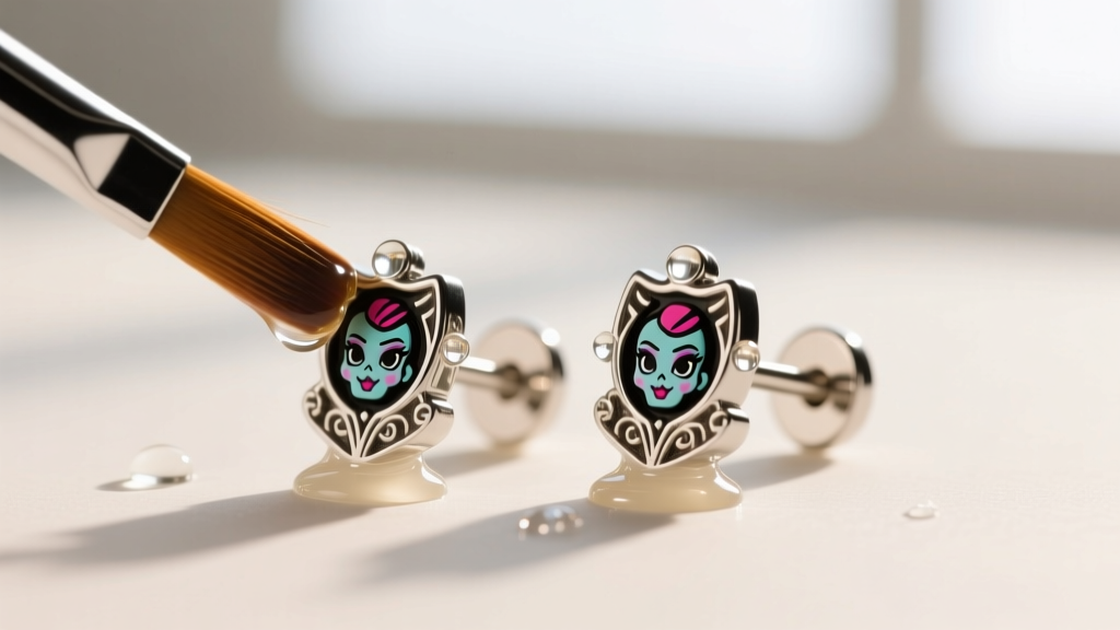 20-gauge surgical steel Monster High earring posts coated with a clear protective barrier solution using a fine detail brush.