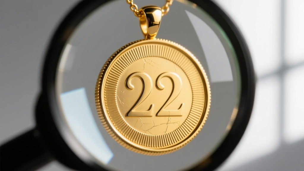 Macro shot of a 10x jeweler's loupe inspecting the reeded edge of a 22k gold coin set in a custom 14k yellow gold bezel pendant