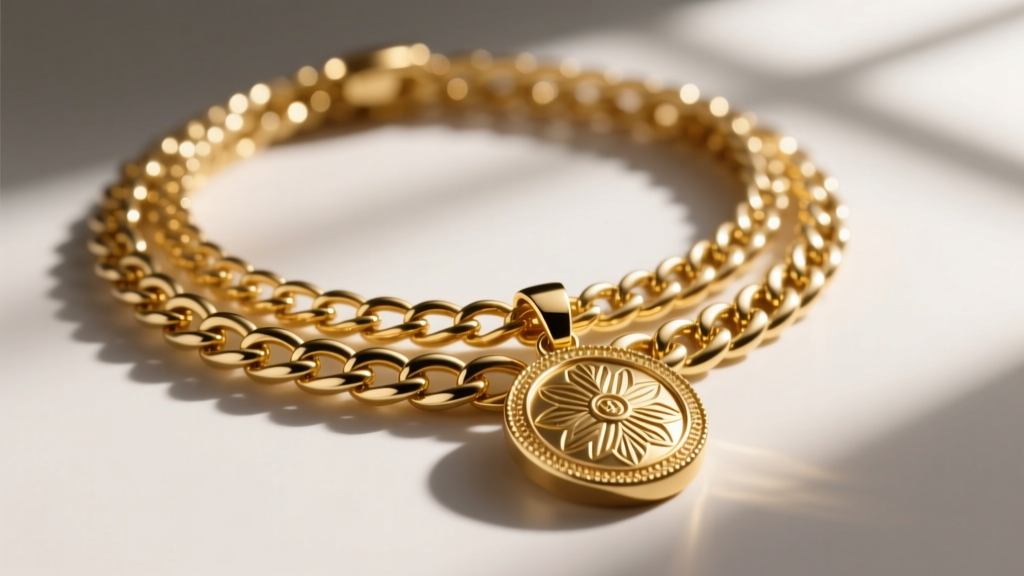 Close-up of a layered gold necklace stack showing a polished 14k chain next to a matte florentine-finished 22k gold pendant
