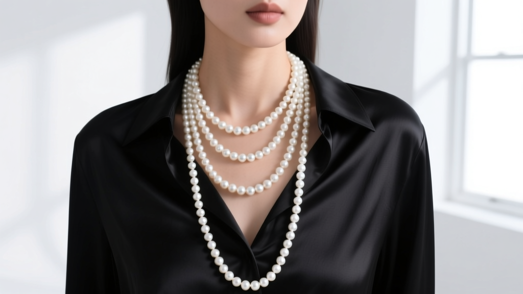 Model wearing a cascading three string pearl necklace over black silk, showing the layered spacing and elegant neckline drape