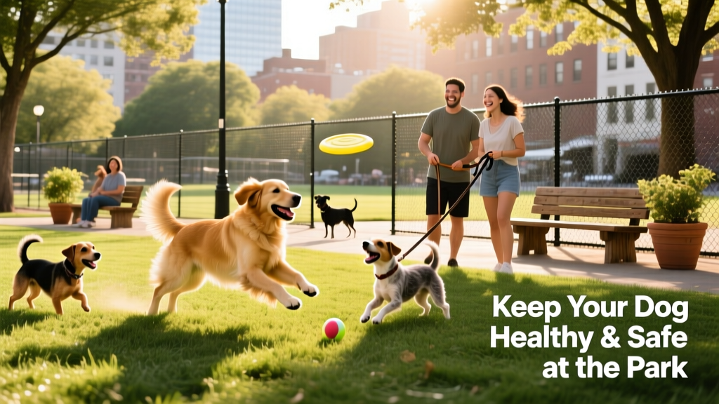 A lively, well-maintained city dog park with dogs playing, open fencing, and shaded seating areas