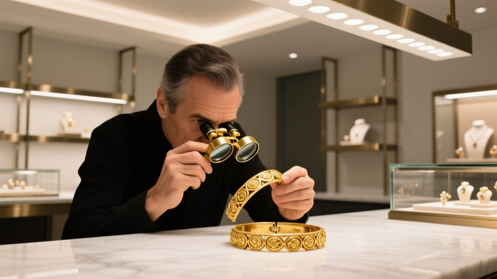 A professional jeweler in a well-lit modern workshop examining a vintage gold bracelet with a 10x triplet loupe, warm lighting.