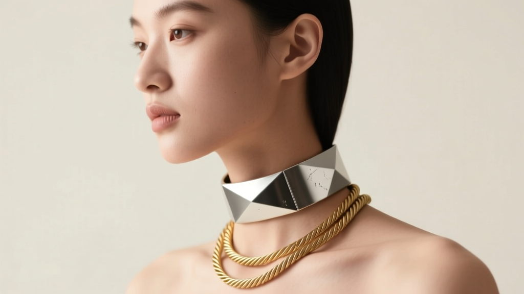 Profile view of a model wearing a 16-inch rigid silver choker and an 18-inch flexible gold cable chain under soft studio light