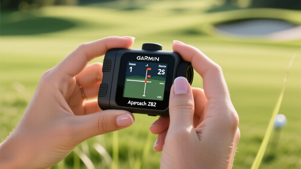 Close-up of hands holding the Garmin Approach Z82 rangefinder, highlighting its ergonomic grip and digital GPS display.