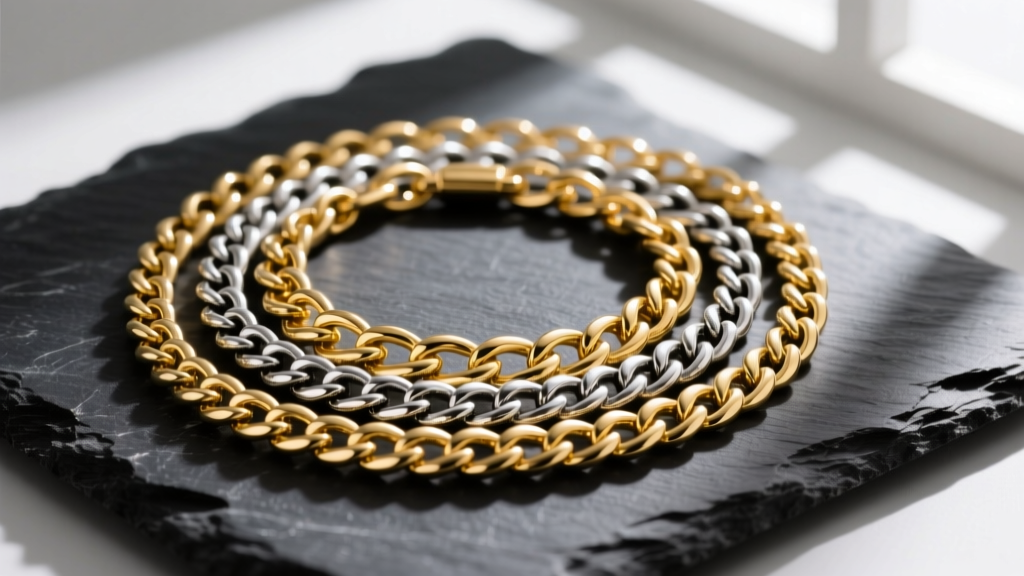 Layered 14k yellow gold and oxidized sterling silver chains resting on dark slate, shot from above in soft natural window light