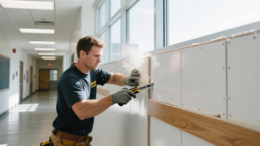 Contractor scoring Gold Bond XP Hi-Impact gypsum board with a utility knife in a brightly lit commercial school hallway