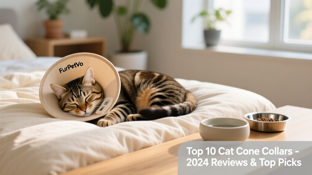 A cat comfortably napping on a soft bed while wearing the FurPetVo Soft Recovery Collar, with water bowl and low-profile food dish nearby