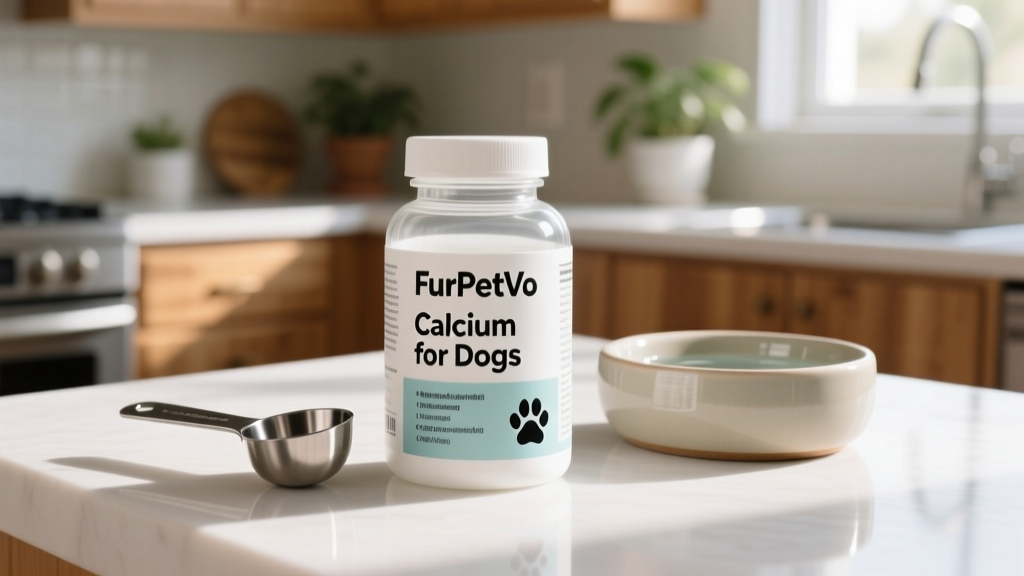 Close-up of a FurPetVo calcium supplement bottle on a clean countertop next to a measuring scoop and water bowl