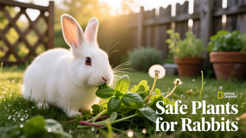 Close-up of a rabbit nibbling fresh basil and dandelion greens on a grassy surface