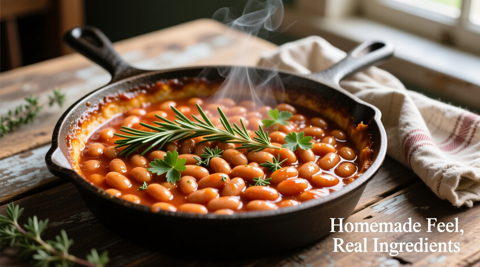 Canned baked beans in tomato sauce with fresh herbs