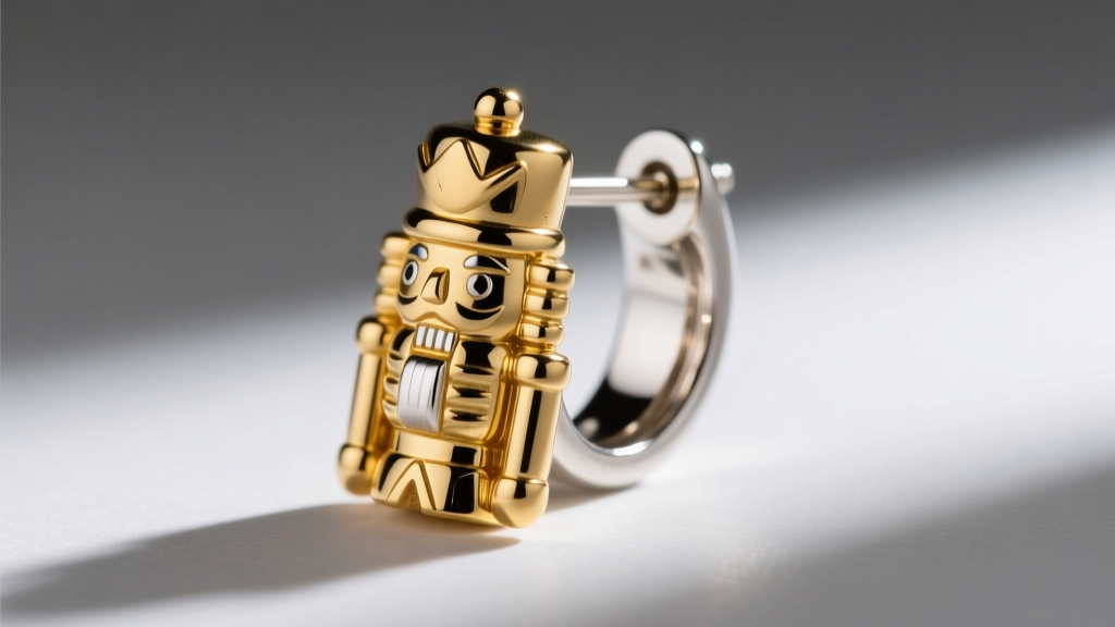 Macro shot of an 18-gauge gold vermeil nutcracker earring with a screw back, showing the rich 2.5-micron gold plating over sterling