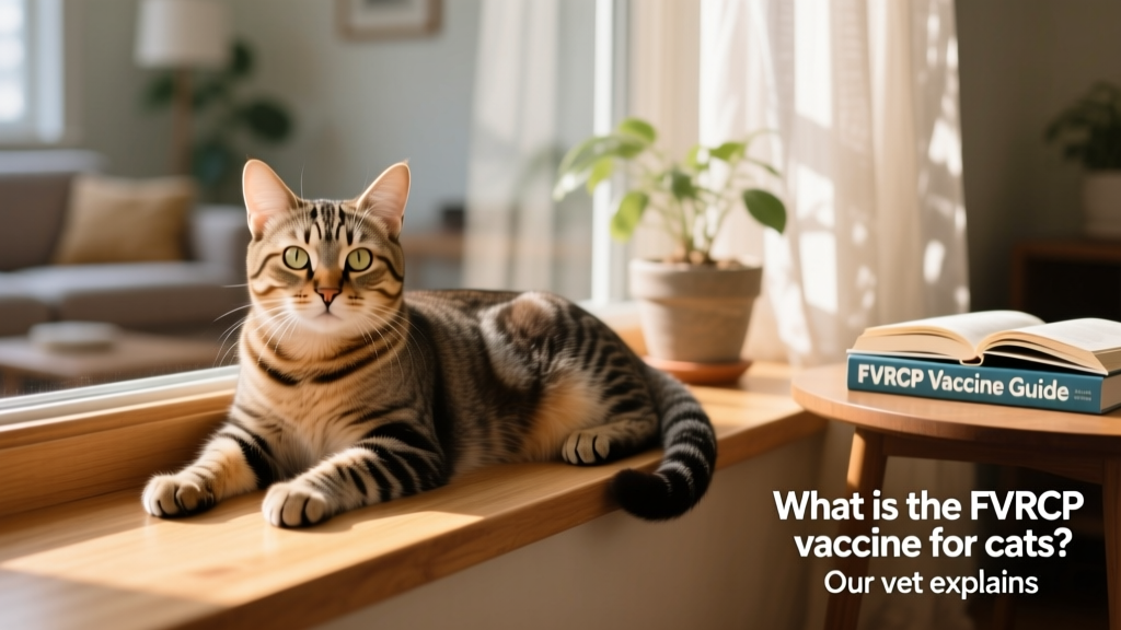 A healthy adult cat lounging confidently on a sunlit windowsill, looking alert and content