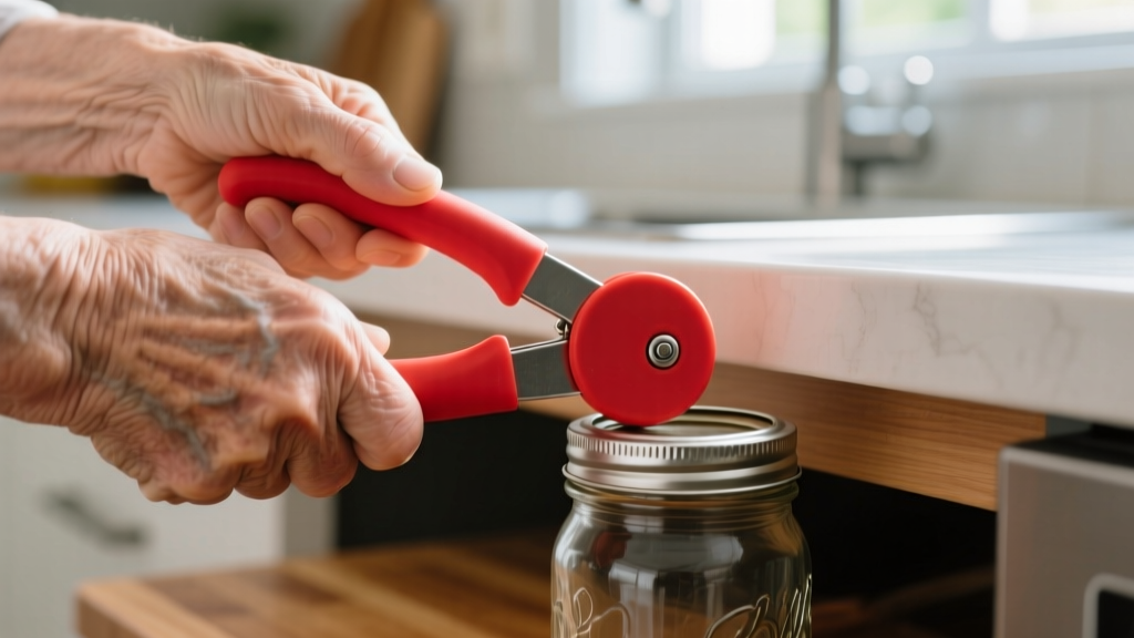Close-up of hands with arthritis using a bright red ergonomic under-cabinet jar opener to twist off a stubborn glass mason jar lid