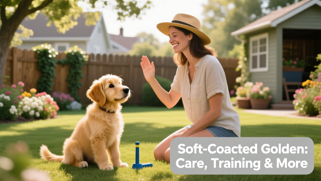 A Soft-Coated Golden puppy learning a 'sit' command during a sunny backyard training session with its owner