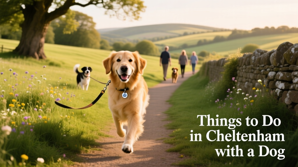 A dog happily exploring a scenic dog-friendly walking trail in Cheltenham.