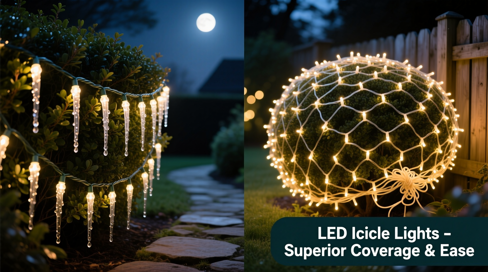 led icicle lights vs net lights for bushes which gives better coverage without tangled frustration