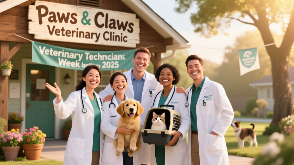 A joyful group photo of veterinary technicians wearing lab coats and smiling in front of a clinic sign