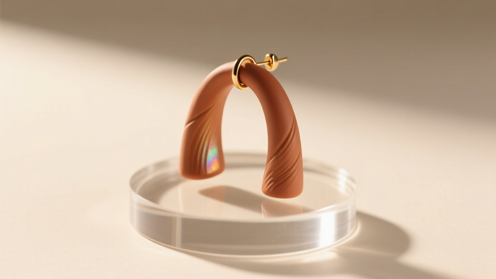 Polymer clay arch earring on an acrylic stand, showing a thin 2mm profile and smooth matte finish under warm studio lighting
