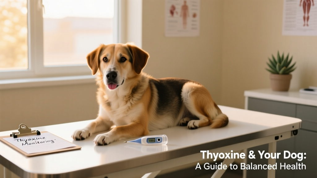 A calm, medium-sized dog resting comfortably on a veterinary exam table during a routine checkup