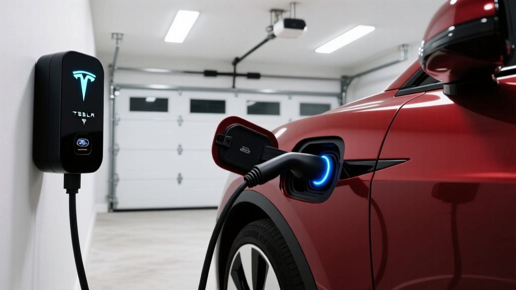 A Tesla Generation 3 Wall Connector plugged into a Ford Mustang Mach-E using a black Tesla-to-J1772 adapter in a residential garage.