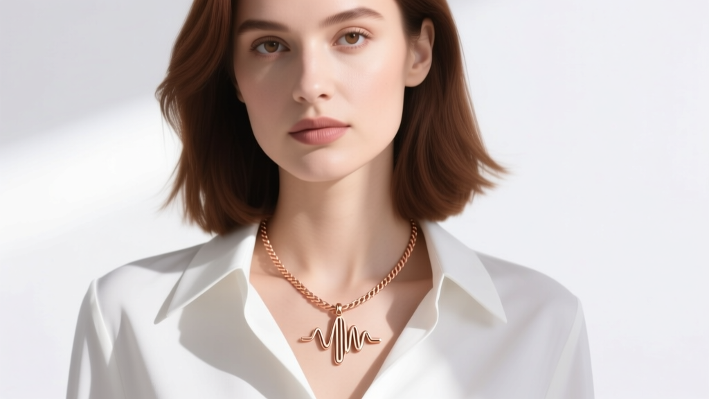 Woman wearing an 18-inch rose gold rope chain with a custom soundwave pendant, in natural sunlight against a crisp white blouse.
