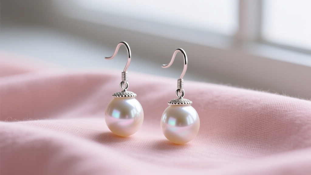 Close-up of delicate 925 sterling silver freshwater pearl drop earrings displayed on a blush pink linen fabric in soft natural light