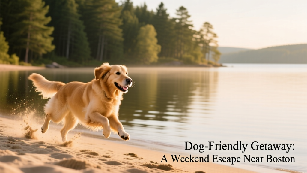 Dog running joyfully along a sandy, dog-friendly beach with calm lake water and forest backdrop
