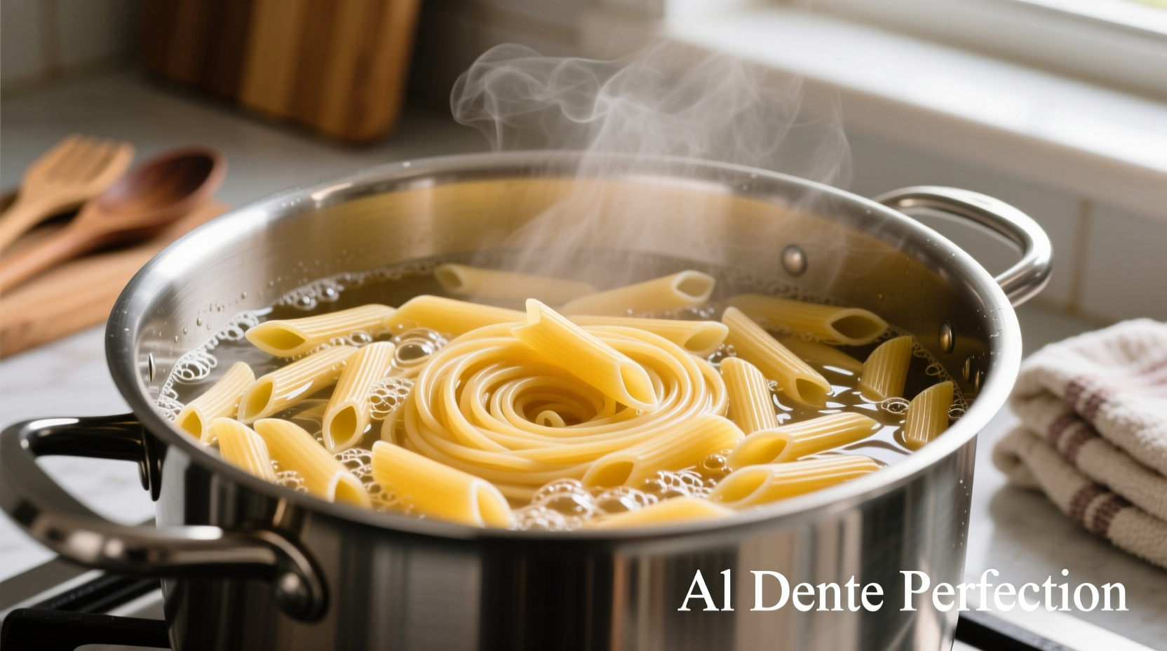 Perfectly cooked penne pasta in boiling water