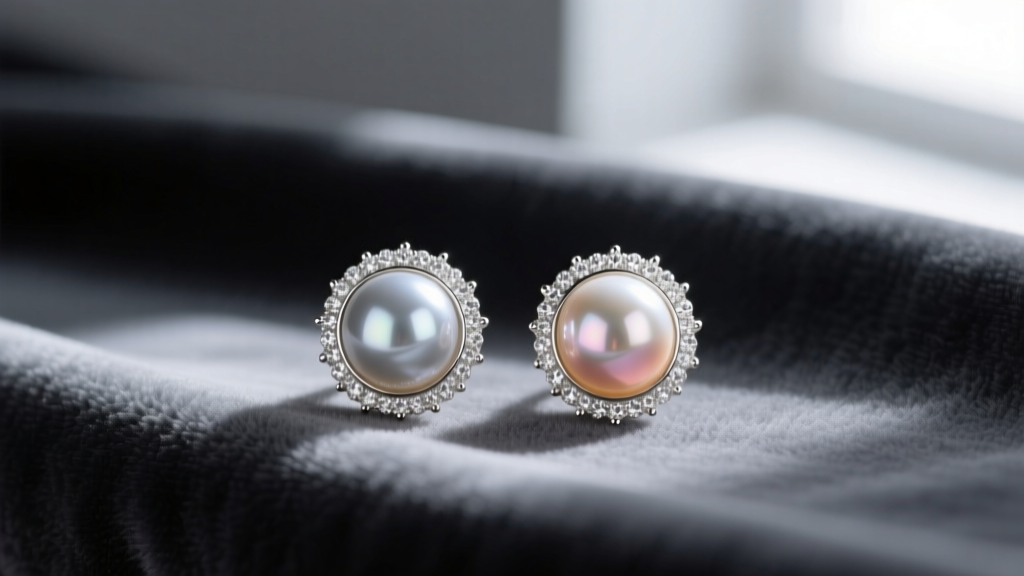 Close-up of 12mm South Sea designer pearl earrings set in 18k white gold with diamond halos, resting on dark grey velvet fabric.