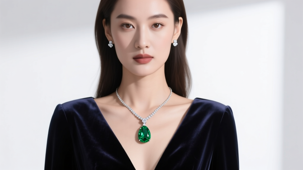 Large emerald drop necklace layered elegantly over a deep V-neck velvet evening gown paired with simple diamond stud earrings.