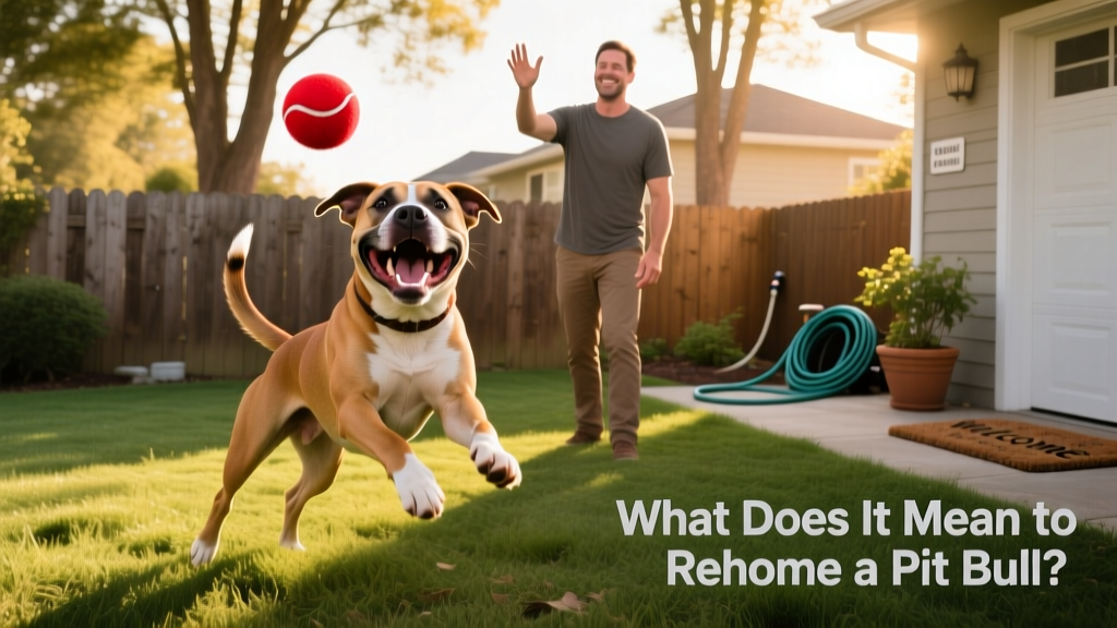 A happy Pit Bull playing fetch in a fenced backyard with their new owner