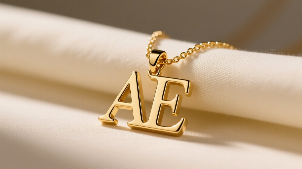 Gold-plated AE initial pendant on cream linen, highlighting the polished serif font and delicate chain under warm studio lighting.