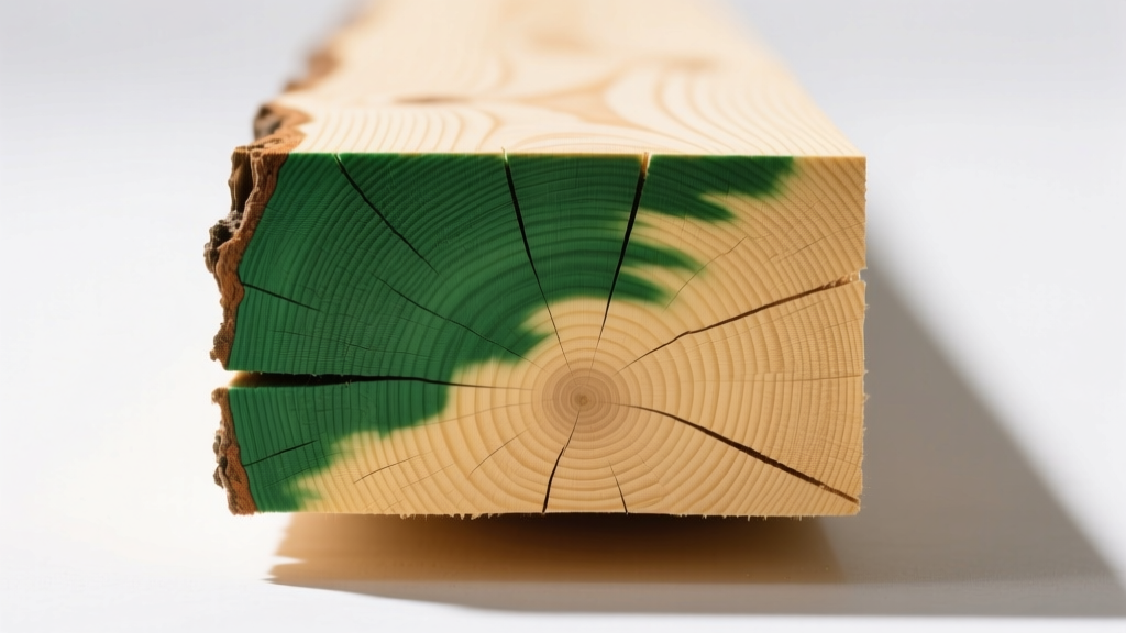 Cross-section of pressure-treated southern yellow pine lumber showing deep green chemical penetration in the sapwood and untreated heartwood