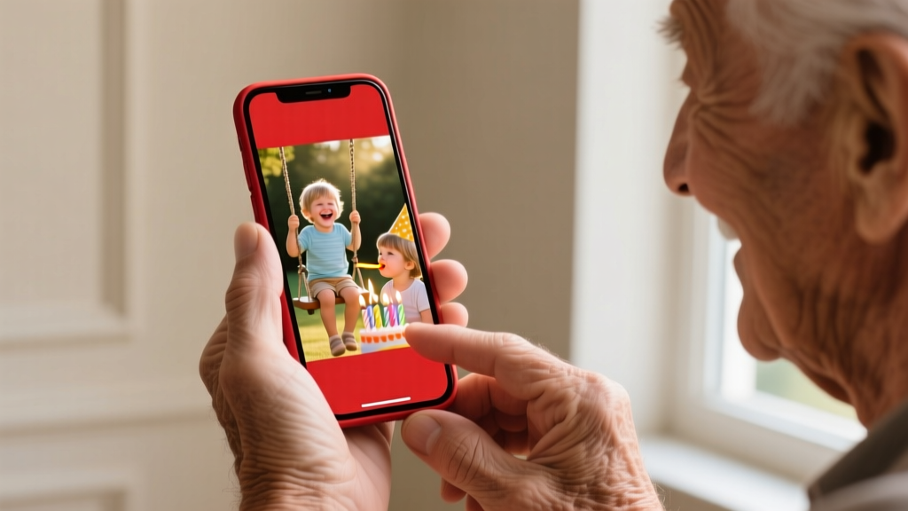 Close-up of a senior mans hands holding a bright red simplified smartphone displaying large clear photos of his grandchildren on the screen.