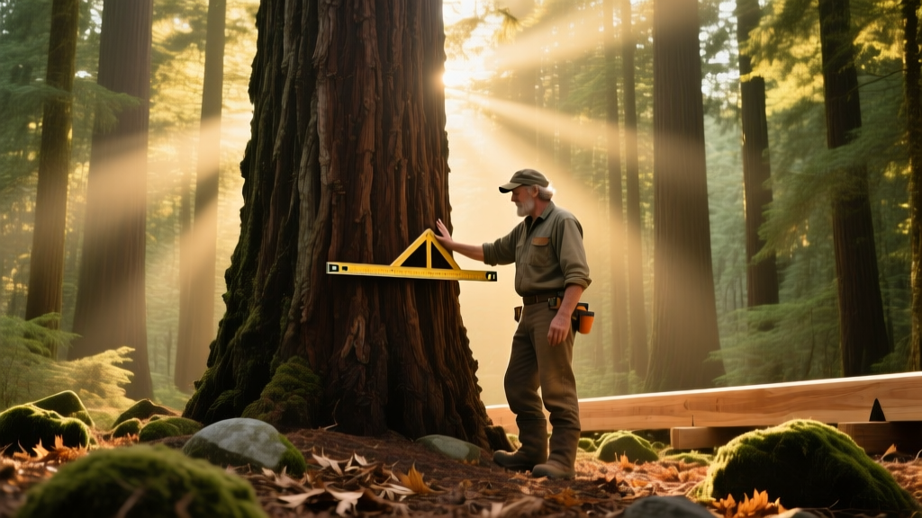 Sunlight filtering through a dense pine forest while a timber framer inspects the straightness of a mature Douglas Fir trunk for structural beam harvesting