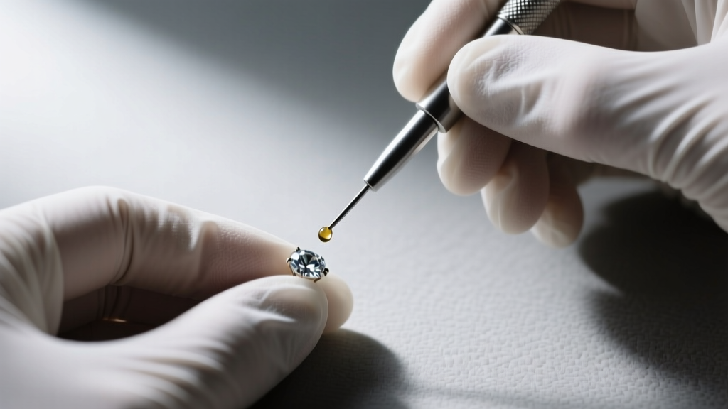 Hands in nitrile gloves using a fine applicator to apply jeweler's epoxy to a detached brass post and sculptural resin base.