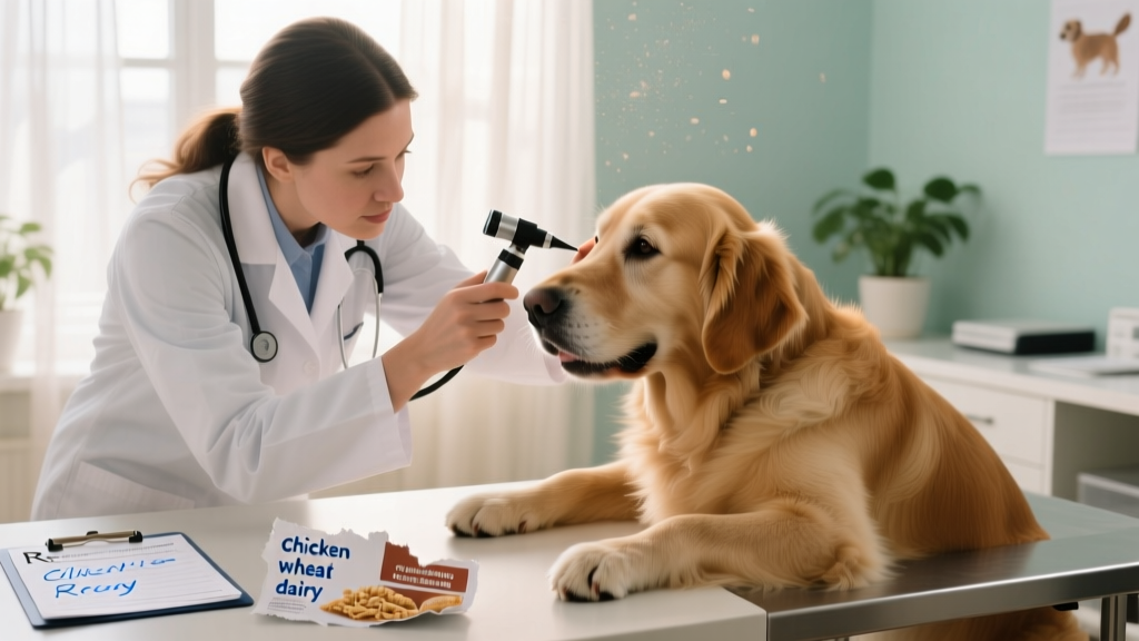 Veterinarian examining a dog’s ear during a clinic visit, with notes and a food label visible on the counter