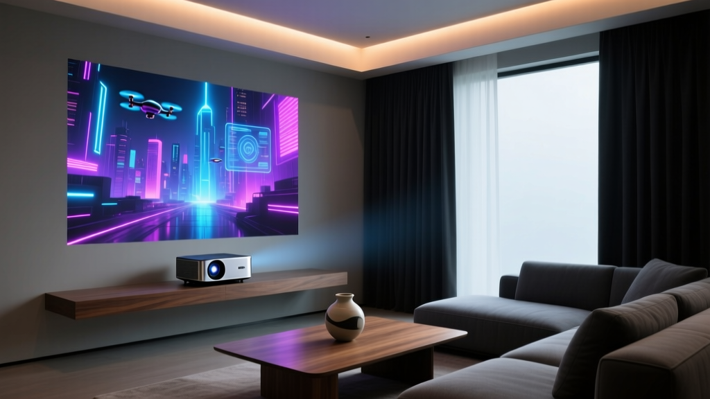 Compact 4K laser portable projector displaying a vibrant sci-fi movie scene onto a tensioned ALR screen in a dimly lit modern living room