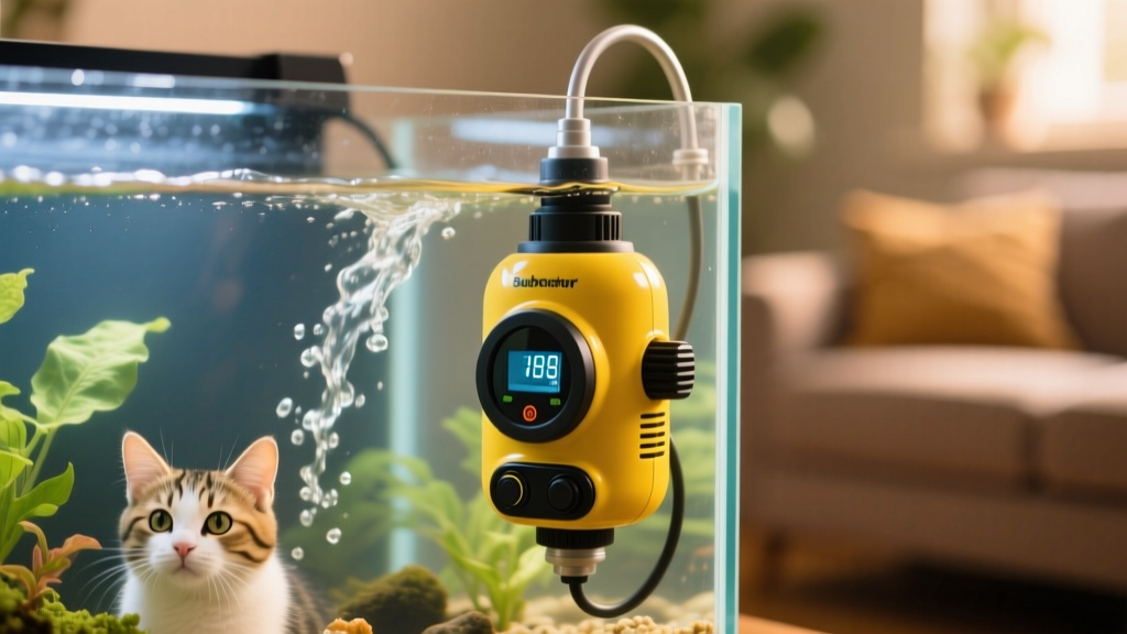 Close-up of a submersible aquarium heater installed in a planted freshwater tank with gentle water flow