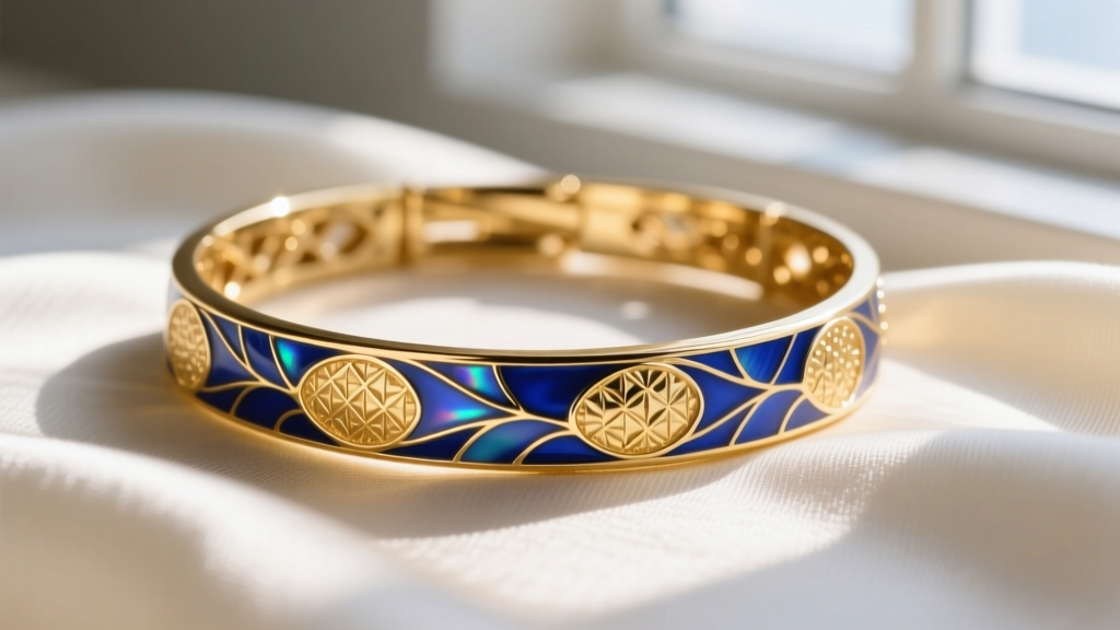 Close-up of a 22k gold vermeil choker with intricate guilloché enamel in deep blue, resting on a textured silk fabric background