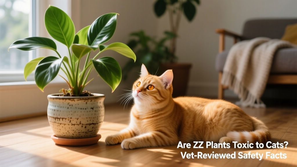 A healthy ZZ plant in a ceramic pot beside a relaxed ginger cat looking mildly interested