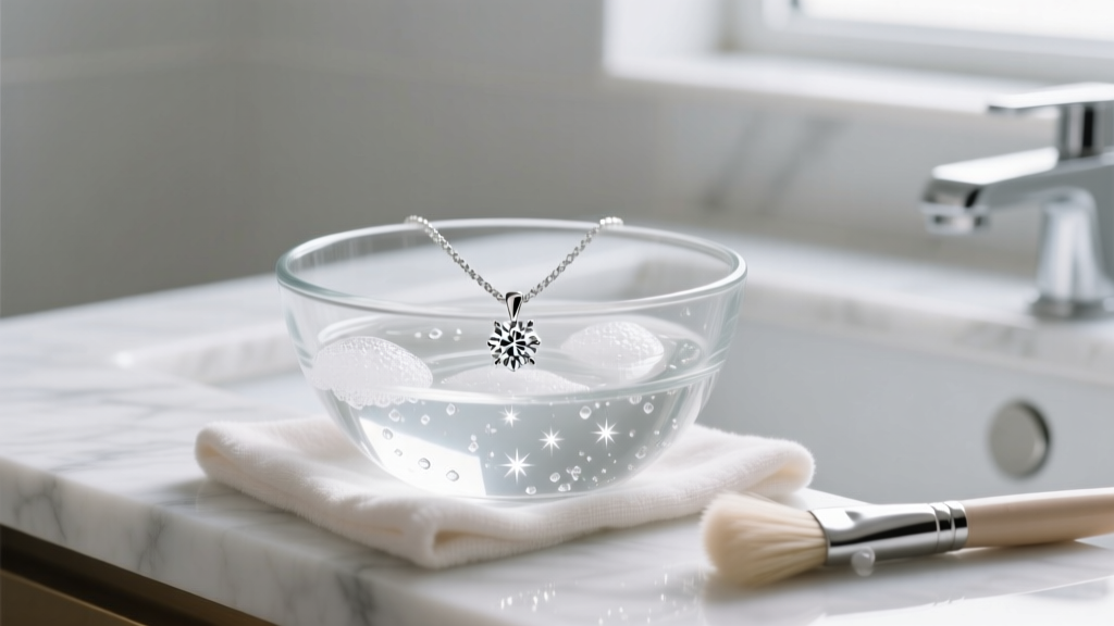 Soft brush cleaning a platinum diamond simple necklace in a glass bowl of soapy water on a bright, clean marble bathroom vanity