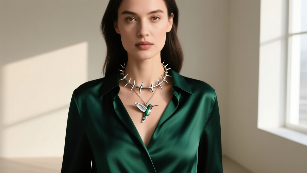 Woman wearing a dark emerald silk blouse with a blunted titanium thorn necklace and hummingbird pendant layered over the fabric.