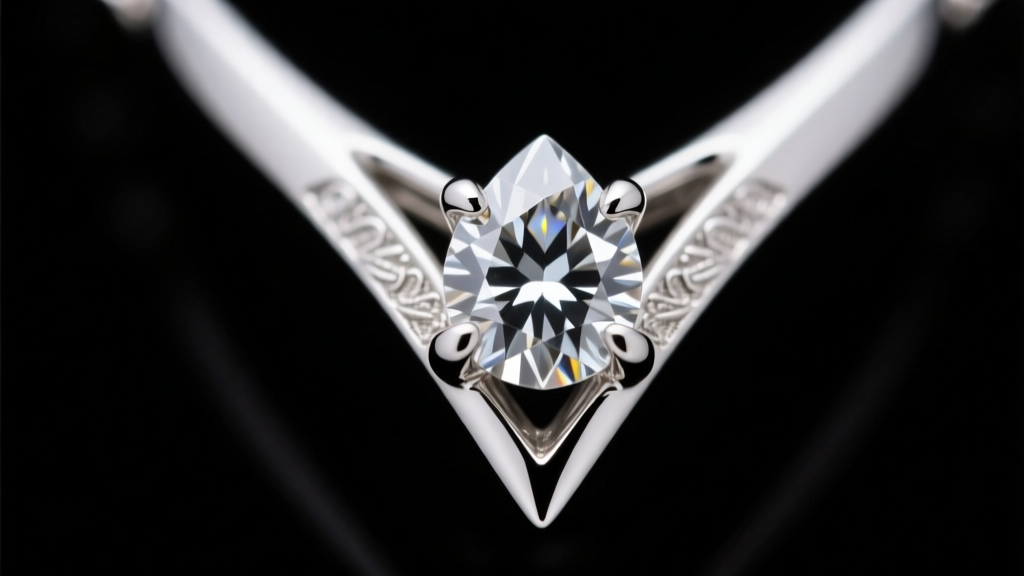 Macro shot of a platinum V-prong setting securing the pointed tip of a pear cut diamond pendant, showing fine metalwork detail.