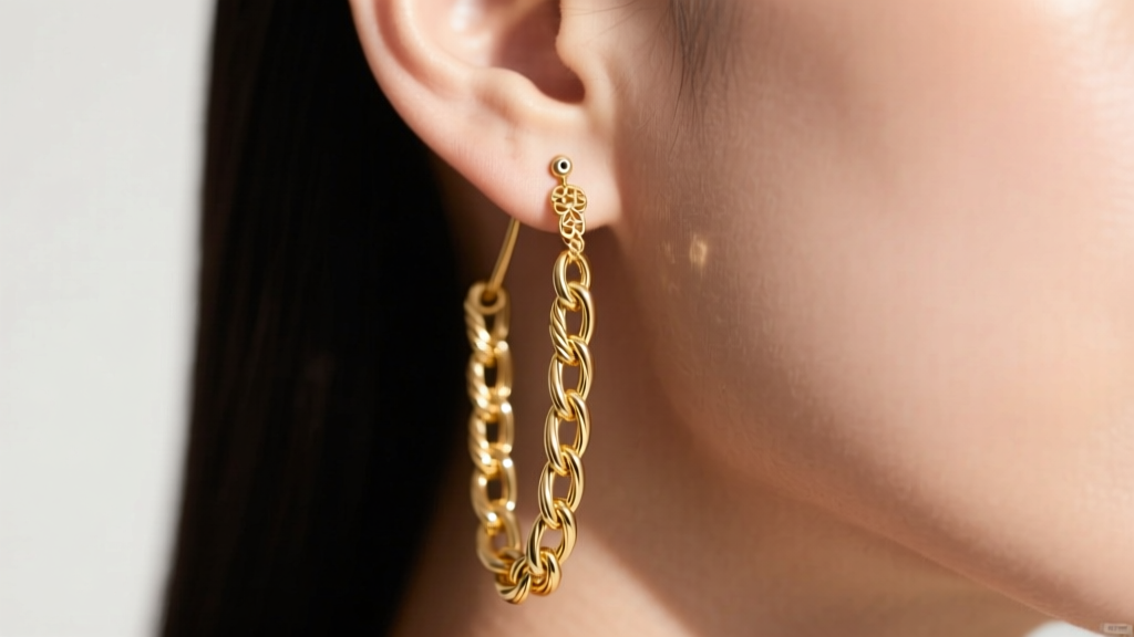 Close-up of 14k gold long chain threader earrings, highlighting delicate cable links and earlobe piercing against soft lighting