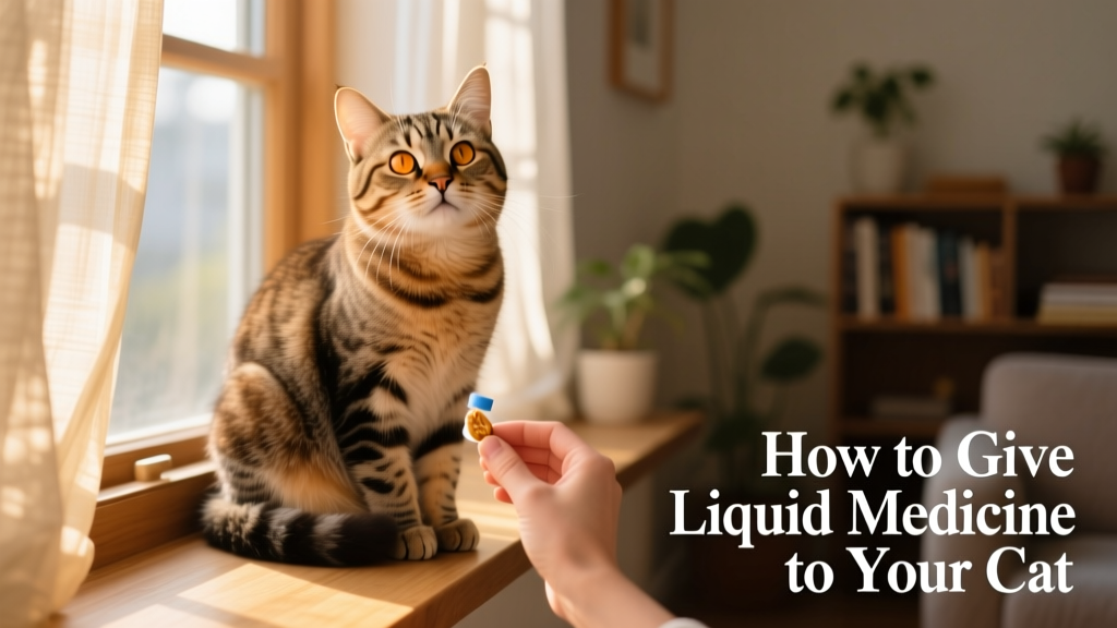 A relaxed cat receiving gentle praise and a treat immediately after taking medication