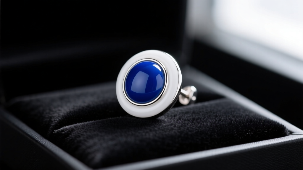 Close-up of sterling silver Potara earring with vibrant blue enamel and polished white halo resting on a black velvet display pad.