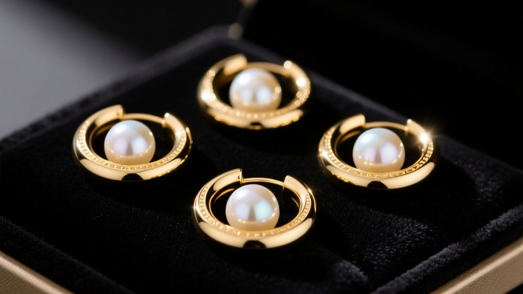 Flat lay of 40mm 18k gold large pearl hoop earrings on dark velvet, soft lighting highlighting the bright pearl luster